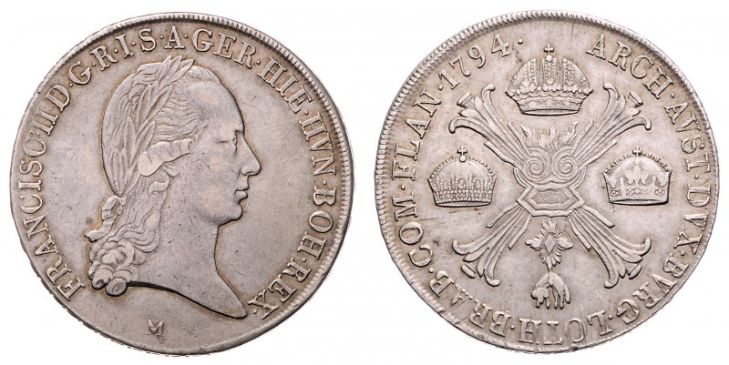 Franz II. 1792 - 1806
Kronentaler, 1794 M. Mailand
29,42g
Her. 489
ss/ss+