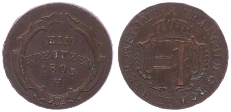 Franz II. 1792 - 1806
Kreuzer, 1805 H. Günzburg
5,39g
Her. 1076
ss/ss+