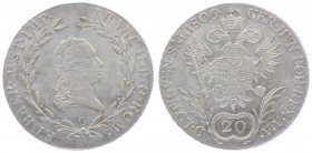 Franz I. 1806 - 1835
20 Kreuzer, 1806 C. Prag
6,68g
Fr. 272
vz