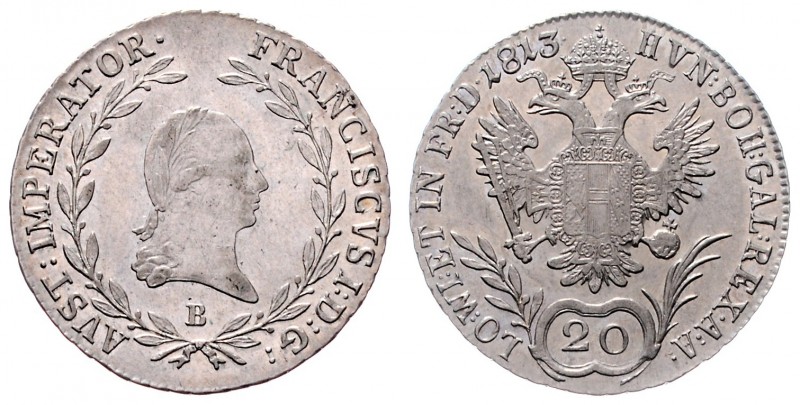 Franz I. 1806 - 1835
20 Kreuzer, 1813 B. Kremnitz
6,23g
Fr. 300
vz/stgl