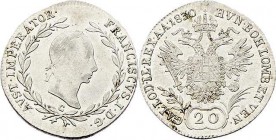 Franz I. 1806 - 1835
20 Kreuzer, 1830 C. Prag
6,64g
Fr. 372
f.stgl