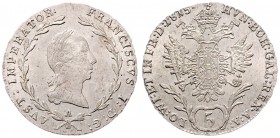 Franz I. 1806 - 1835
5 Kreuzer, 1815 A. Wien
2,24g
Fr. 433
win. Sf. im Avers
stgl