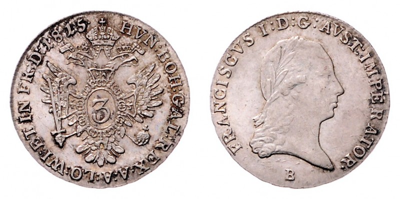 Franz I. 1806 - 1835
3 Kreuzer, 1815 B. Kremnitz
1,72g
Fr. 461
f.stgl