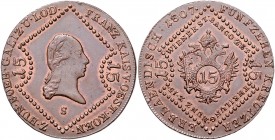 Franz I. 1806 - 1835
15 Kreuzer, 1807 S. Schmöllnitz
13,10g
Fr. 516
stgl