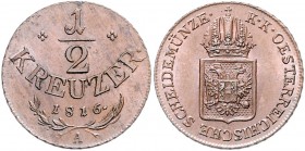 Franz I. 1806 - 1835
1/2 Kreuzer, 1816 A. Wien
4,40g
Fr. 539
stgl