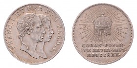 Franz I. 1806 - 1835
Ag - Jeton, 1830. auf die Krönung Ferdinand V. zum ungarischen König
Pressburg
3,28g
Fr. VII. 3. b.
vz