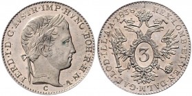 Ferdinand I. 1835 - 1848
3 Kreuzer, 1838 C. Prag
1,71g
Fr. 895
justiert
stgl