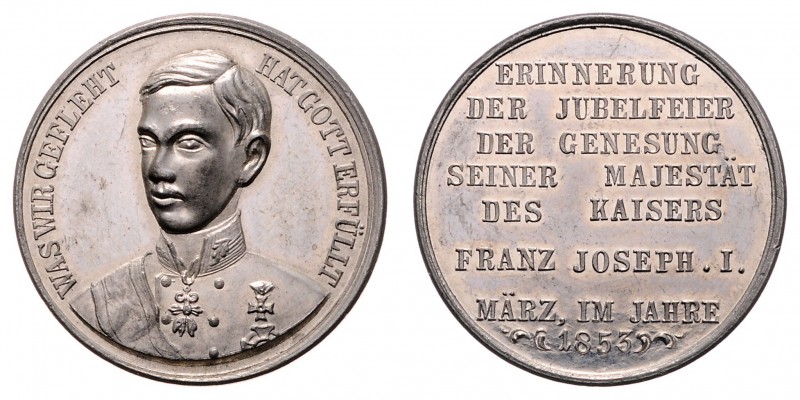 Franz Joseph I. 1848 - 1916
Zinnmedaille, 1853. Genesung vom Attentat, Dm 31,5 m...