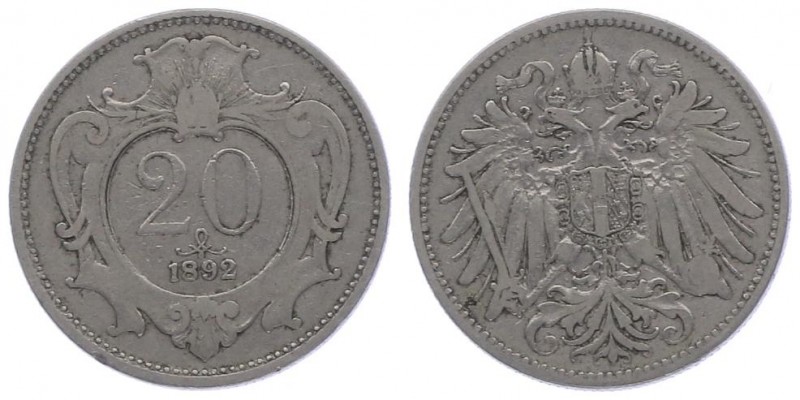 Franz Joseph I. 1848 - 1916
20 Heller, 1892. Wien
3,92g
Fr. 1986
ss