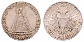 5 Schilling, 1934
1. Republik 1918 - 1933 - 1938. Wien. 15,00g
Her. 29
vz/stgl