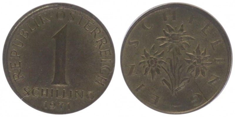 1 Schilling, 1971
2. Republik 1945 - heute. Verprägung - dezentriert. Wien
4,17g...