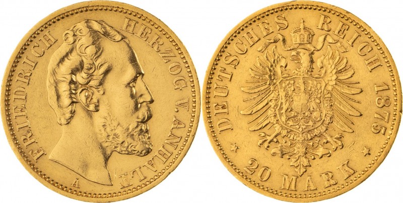 HERZOGTUM ANHALT, Friedrich 1871-1904, 20 Mark 1875 A, Berlin, Jaeger 179, winzi...