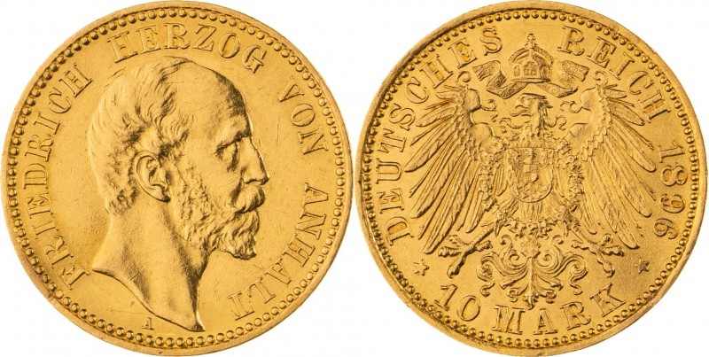 HERZOGTUM ANHALT, Friedrich 1871-1904, 10 Mark 1896 A, Berlin, Jaeger 180, vorzü...