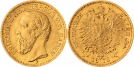 GROßHERZOGTUM BADEN, Friedrich 1852-1907, 10 Mark 1873 G, Karlsruhe, Jaeger 183, winzige Stempelfehler, vorzüglich - Stempelglanz