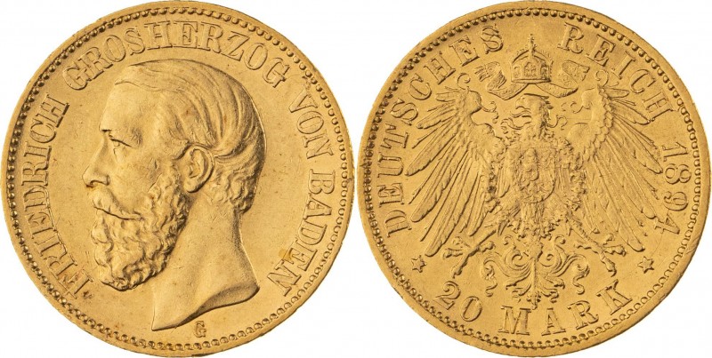 GROßHERZOGTUM BADEN, Friedrich 1852-1907, 20 Mark 1894 G, Karlsruhe, Jaeger 189,...