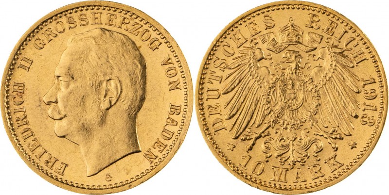 GROßHERZOGTUM BADEN, Friedrich II. 1907-1918, 10 Mark 1913 G, Karlsruhe, Jaeger ...