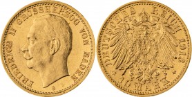 GROßHERZOGTUM BADEN, Friedrich II. 1907-1918, 10 Mark 1913 G, Karlsruhe, Jaeger 191, vorzüglich - Stempelglanz