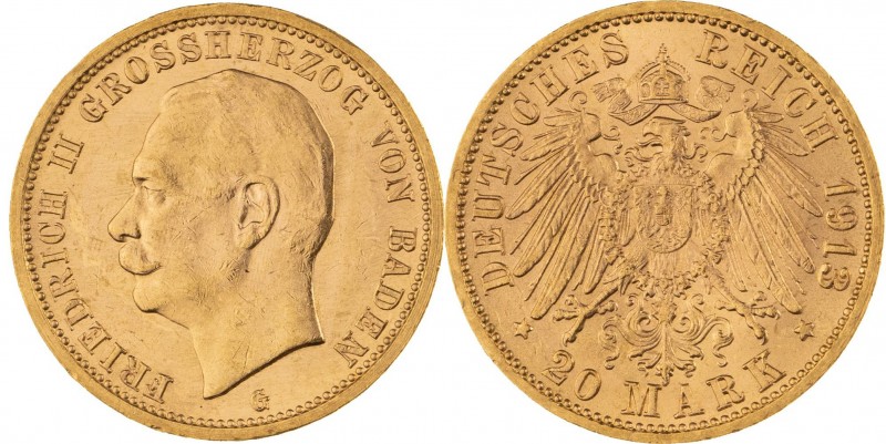 GROßHERZOGTUM BADEN, Friedrich II. 1907-1918, 20 Mark 1913 G, Karlsruhe, Jaeger ...