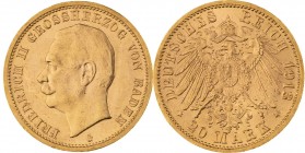 GROßHERZOGTUM BADEN, Friedrich II. 1907-1918, 20 Mark 1913 G, Karlsruhe, Jaeger 192, vorzüglich - Stempelglanz