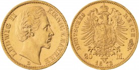 KÖNIGREICH BAYERN, Ludwig II. 1864-1886, 20 Mark 1873 D, München, Jaeger 194, kleiner Kratzer, vorzüglich - Stempelglanz