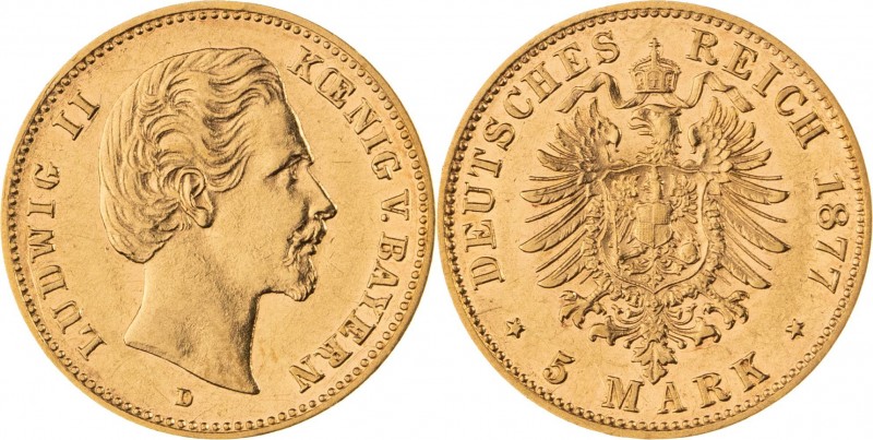 KÖNIGREICH BAYERN, Ludwig II. 1864-1886, 5 Mark 1877 D, München, Jaeger 195, fas...