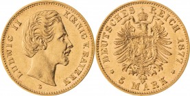 KÖNIGREICH BAYERN, Ludwig II. 1864-1886, 5 Mark 1877 D, München, Jaeger 195, fast Stempelglanz