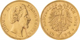 KÖNIGREICH BAYERN, Ludwig II. 1864-1886, 10 Mark 1876 D, München, Jaeger 196, winzige Kratzer, fast Stempelglanz