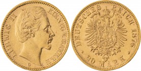 KÖNIGREICH BAYERN, Ludwig II. 1864-1886, 20 Mark 1876 D, München, Jaeger 197, vorzüglich - Stempelglanz