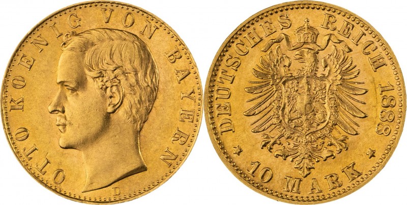 KÖNIGREICH BAYERN, Otto 1886-1913, 10 Mark 1888 D, München, Jaeger 198, fast Ste...