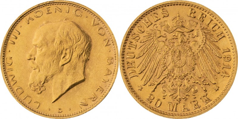 KÖNIGREICH BAYERN, Ludwig III. 1913-1918, 20 Mark 1914 D, München, Jaeger 202, f...