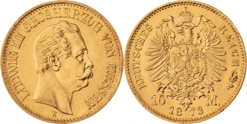 GROßHERZOGTUM HESSEN, Ludwig III. 1848-1877, 10 Mark 1873 H, Darmstadt, Jaeger 2...