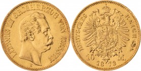 GROßHERZOGTUM HESSEN, Ludwig III. 1848-1877, 10 Mark 1873 H, Darmstadt, Jaeger 213, vorzüglich - Stempelglanz