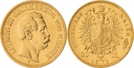 GROßHERZOGTUM HESSEN, Ludwig III. 1848-1877, 20 Mark 1873 H, Darmstadt, Jaeger 214, fast vorzüglich