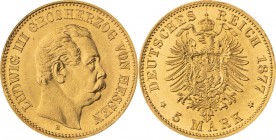 GROßHERZOGTUM HESSEN, Ludwig III. 1848-1877, 5 Mark 1877 H, Darmstadt, Jaeger 215, winziger Kratzer, fast Stempelglanz