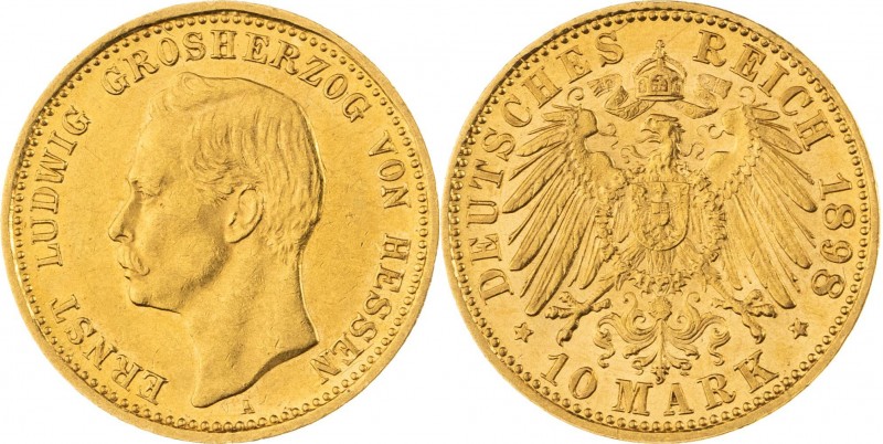 GROßHERZOGTUM HESSEN, Ernst Ludwig 1892-1918, 10 Mark 1898 A, Berlin, Jaeger 224...