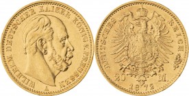 KÖNIGREICH PREUSSEN, Wilhelm I. 1861-1888, 20 Mark 1872 A, Berlin, Jaeger 243, vorzüglich - Stempelglanz