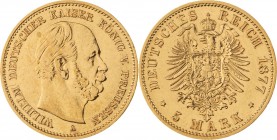KÖNIGREICH PREUSSEN, Wilhelm I. 1861-1888, 5 Mark 1877 A, Berlin, Jaeger 244, vorzüglich - Stempelglanz