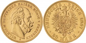 KÖNIGREICH PREUSSEN, Wilhelm I. 1861-1888, 20 Mark 1887 A, Berlin, Jaeger 246, kleiner Kratzer, vorzüglich / fast Stempelglanz