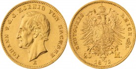 KÖNIGREICH SACHSEN, Johann 1854-1873, 20 Mark 1872 E, Dresden, Jaeger 258, vorzüglich + / vorzüglich - Stempelglanz