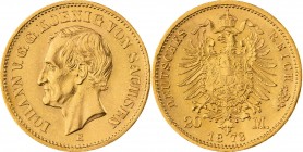 KÖNIGREICH SACHSEN, Johann 1854-1873, 20 Mark 1873 E, Dresden, Jaeger 259, vorzüglich - Stempelglanz