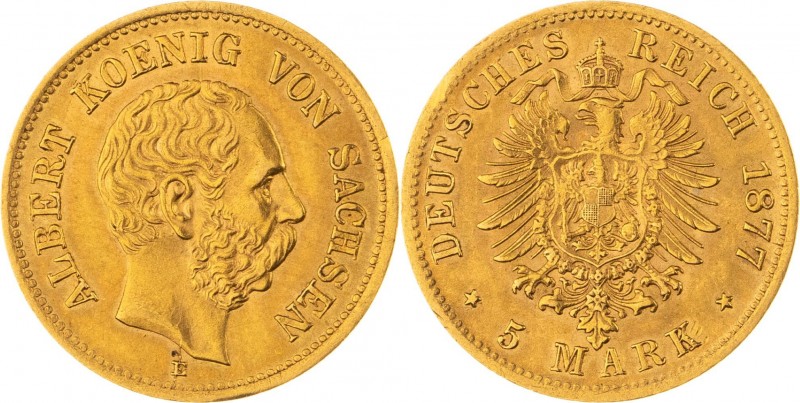 KÖNIGREICH SACHSEN, Albert 1873-1902, 5 Mark 1877 E, Dresden, Jaeger 260, winzig...
