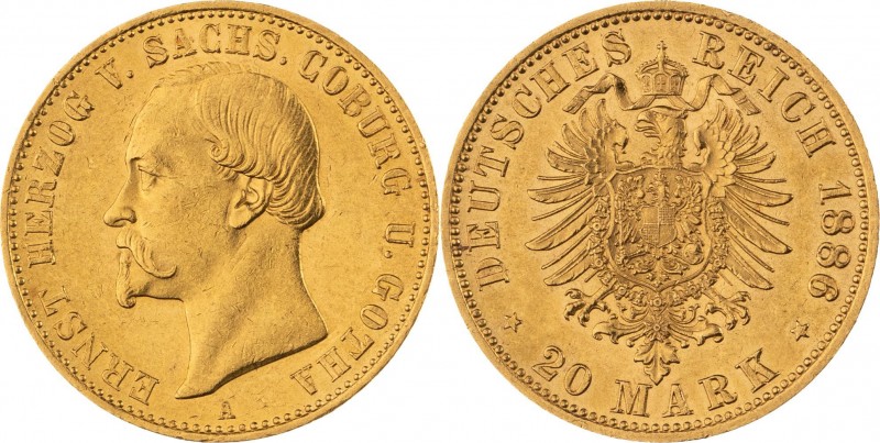 HERZOGTÜMER SACHSEN-COBURG UND GOTHA, Ernst II. 1844-1893, 20 Mark 1886 A, Berli...
