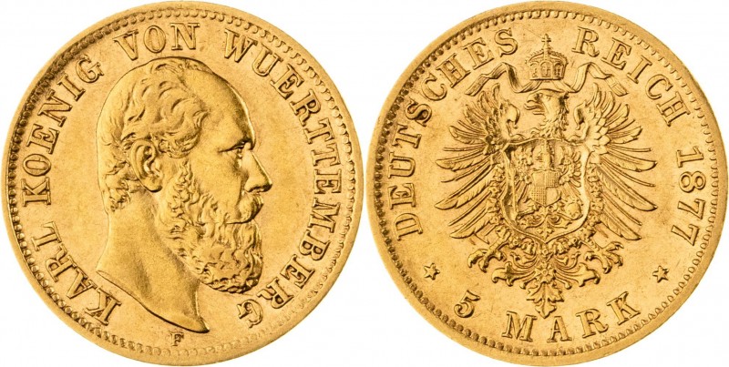 KÖNIGREICH WÜRTTEMBERG, Karl 1864-1891, 5 Mark 1877 F, Stuttgart, Jaeger 291, vo...