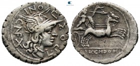 L. Pomponius Cn. f., L. Licinius and Cn. Domitius 118 BC. Narbo. Serrate Denarius AR