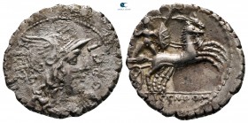 L. Porcius, L. Licinius and Cn. Domitius 118 BC. Rome. Serrate Denarius AR