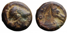 Romano campane (prima del 269 a.C.). Litra bronzo AE gr. 5,10 mm 16,5. D/testa di Minerva; R/protome Equina. mMB