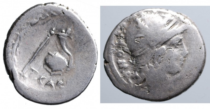 CARISIA - T.Carisius (46 a.C.). Roma. Denario AG gr. 3,74 mm 18,5. D/Testa di Ro...