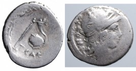 CARISIA - T.Carisius (46 a.C.). Roma. Denario AG gr. 3,74 mm 18,5. D/Testa di Roma; R/Scettro, globo,timone, cornucopia. Varesi 166. qMB