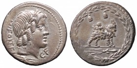 FONTEIA - MAN. FONTEIUS C.F. (85 a.C.). Roma. Denario AG gr. 3,80 mm 20,3. D/Testa Di Apollo; R/Apollo Vejovis cavlca la capra Amaltea. Varesi 290; Cr...