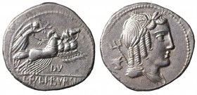 JULIA - L. JULIUS BURSIO (85 a.C.). Roma. Denario AG gr. 3,96 mm 20,6. D/Apollo Vejovis; R/Vittoria su quadriga. Varesi 322; SPL